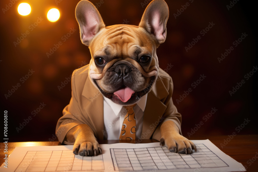 A business-savvy French bulldog attentively examines paperwork, humorously mimicking a professional in an office setting.Advertising campaigns related to office products or services.Greeting cards.