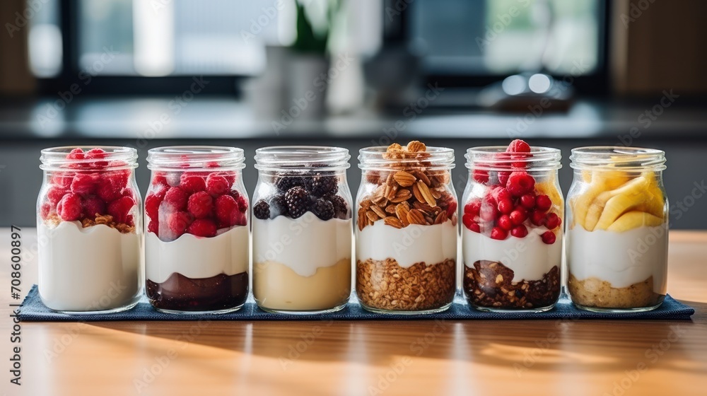 yogurt to various jars and dishes, try a variety of toppings and always include large container in shot, food, dessert, sweet, fresh, dairy, delicious, breakfast, fruit, organic - obrazy, fototapety, plakaty 