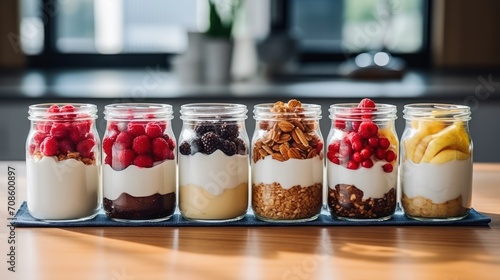 yogurt to various jars and dishes, try a variety of toppings and always include large container in shot, food, dessert, sweet, fresh, dairy, delicious, breakfast, fruit, organic photo