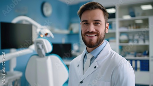 dentist looking at a camera in office using formal clothes portrait, professional shot, smile, hyperrealism, clean sharp focus, blue palette,