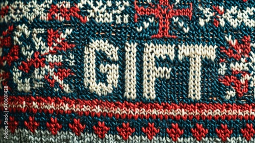Knitted Christmas and New Year wool pattern with word Gift. Christmas joys with knitted ornaments. Close-up of Sweater Design.
