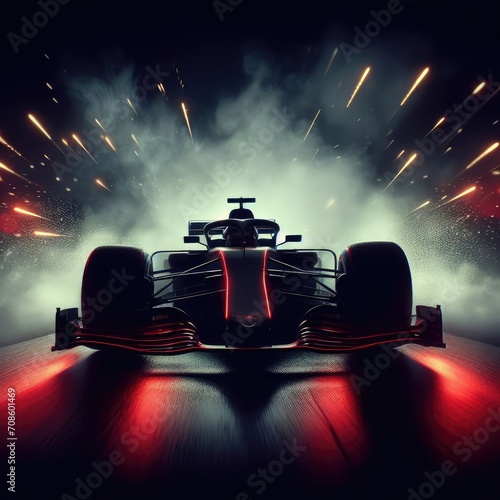 Racecar with background with red and yellow lights.