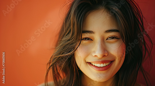 asian tan skin woman smile to the camera under the warm sunlight background