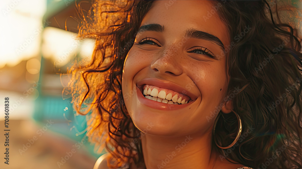 curly hair brown skin, tan beautiful woman smile at the camera in warm sun afternoon sunlight background curly hair brown skin, tan beautiful woman smile at the camera in warm sun afternoon sunlight background