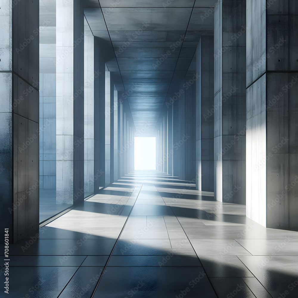 Abstract background. Light appears and fades away. Shadows move through the empty corridor with concrete walls