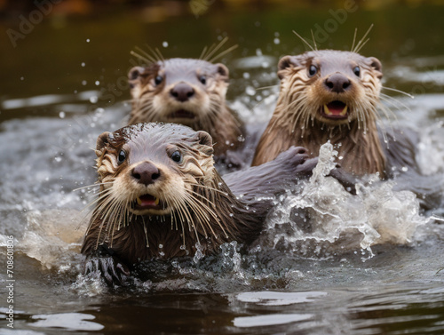 A lively bunch of otters joyfully splashing in the water, having a playful and carefree time. © Szalai