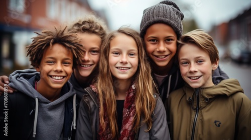 A multicultural group of friends capturing an outside photo to encourage racial diversity, Generative AI.