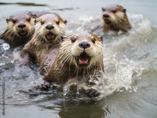 A lively bunch of otters joyfully causing a splashy commotion in their natural habitat. © Szalai
