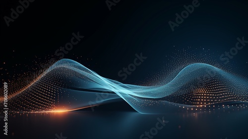 Abstract wave of glowing particles on a dark background.