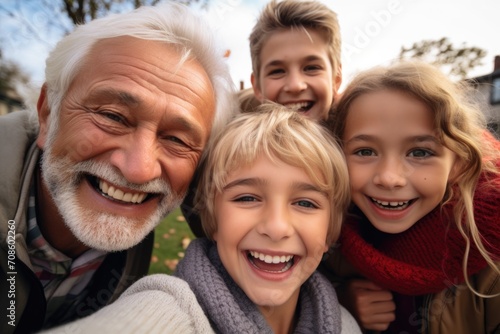 Smiling grandfather taking a selfie with grandchildren outside