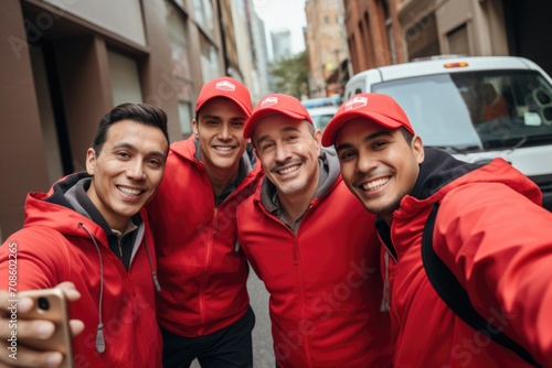 Smiling group of delivery drivers taking a selfie