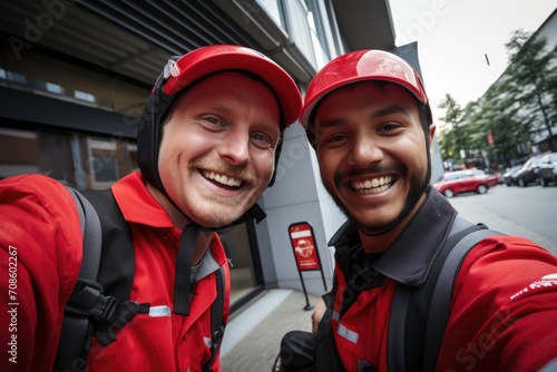Smiling group of delivery drivers taking a selfie photo