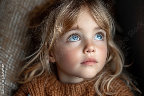 Toddler Girl Gazing Upwards in Wonder. A young girl with bright blue eyes looks up in wonder, her innocence captured in a close-up portrait.