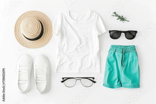White Shirt, Shorts, Hat, Sunglasses, Straw Hat. Generative AI.