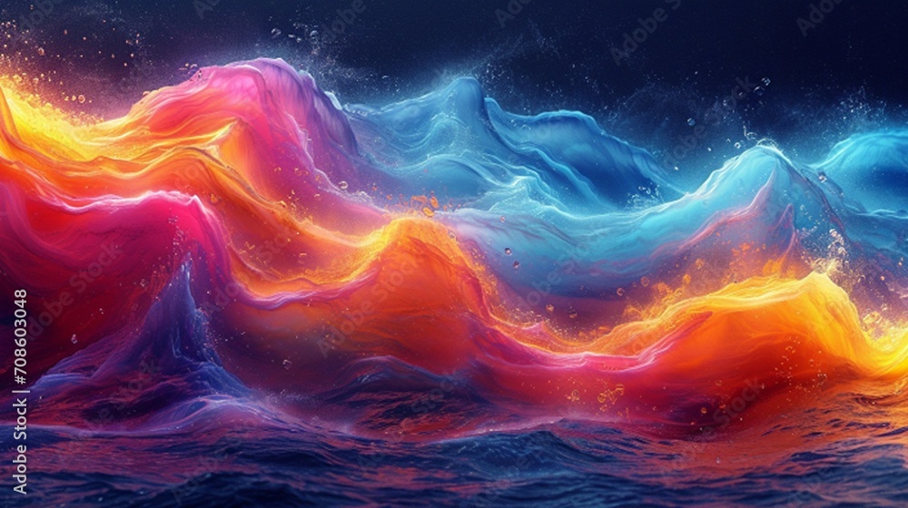Vivid colors flow in an abstract wave pattern, generated by artificial intelligence for a visually dynamic and captivating design.