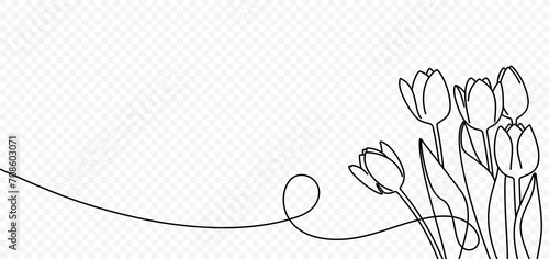 Continuous one line drawing of beautiful spring flowers vector design. Single line art illustration bouquet of tulips on transparent background #708603071