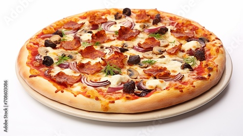 a gourmet pizza, its cheesy perfection and toppings displayed against a white background, celebrating the beloved comfort food.