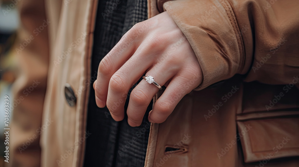 close up hand with wedding ,engagement ring on the ring finger