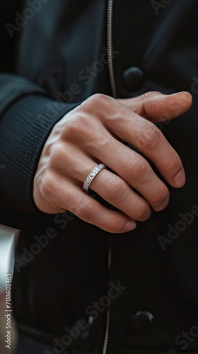 man's hand with with diamond engagement rings on hand © kora