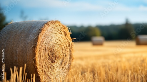 A view of a spherical hay bale in a newly mowed field seen vertically, Generative AI. photo