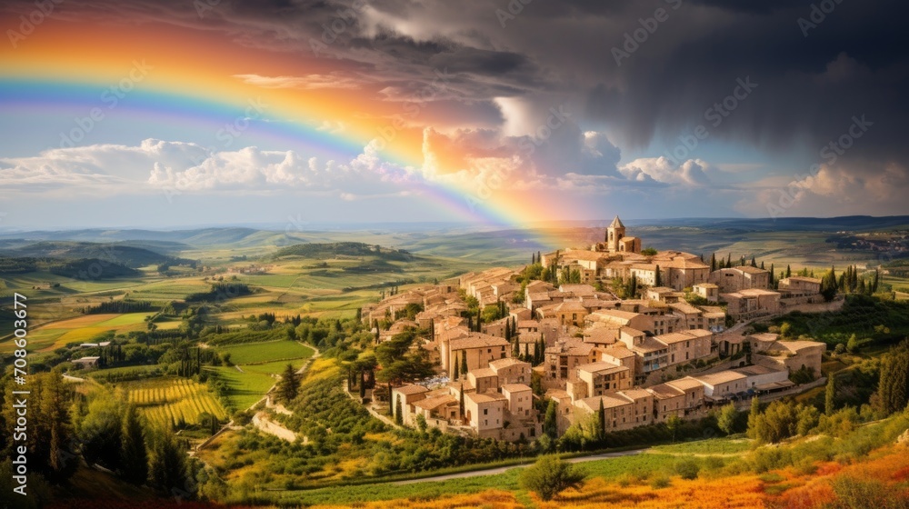 A rainbow over a picturesque European village