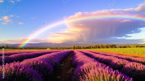 A rainbow stretching across a peaceful lavender field