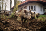 Wildschweine verwüsten in einer Stadt die Grünflächen, Wildschweine im Vorgarten