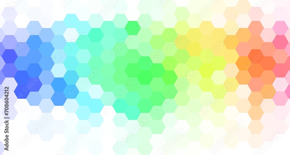 Grainy pattern composed of hexagons colorful. Rainbow honeycomb background. horizontal isometric geometry abstraction.