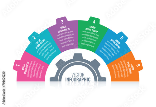 half wheel symbol infographic template. six step wheel themed information template. colorful wheel infographic template