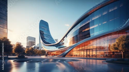 Foto A low-angle perspective of futuristic buildings office skyscraper featuring curved glass window, Generative AI