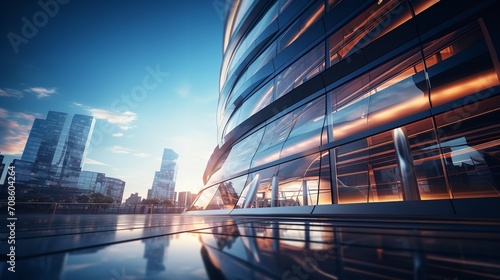 A low-angle perspective of futuristic buildings office skyscraper featuring curved glass window, Generative AI.