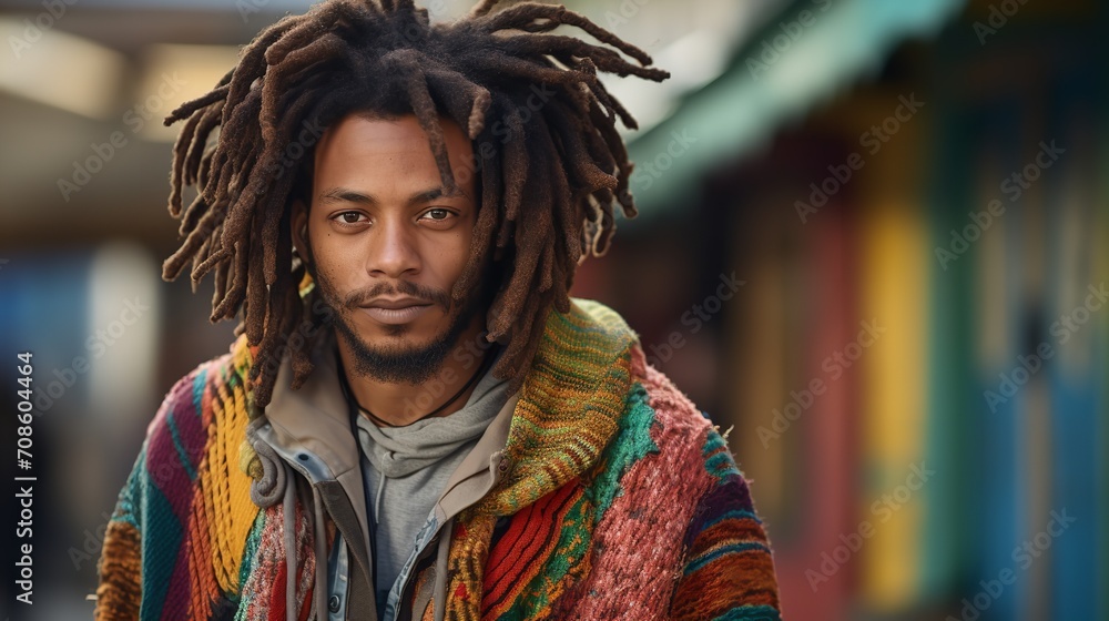 A street photo features a young African man with fashionable dreadlocks and a vibrant jacket, Generative AI,