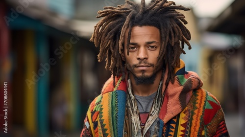 A street photo features a young African man with fashionable dreadlocks and a vibrant jacket, Generative AI,