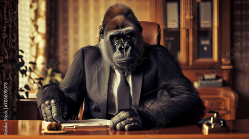 A gorilla businessman wearing a suit and tie in an office setting, the gorilla looks very professional