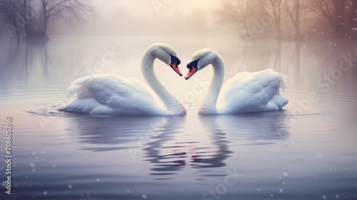 a pair of swans gliding on a tranquil pond, their elegant necks forming a heart shape against a background of pure white, symbolizing the timeless beauty of love.