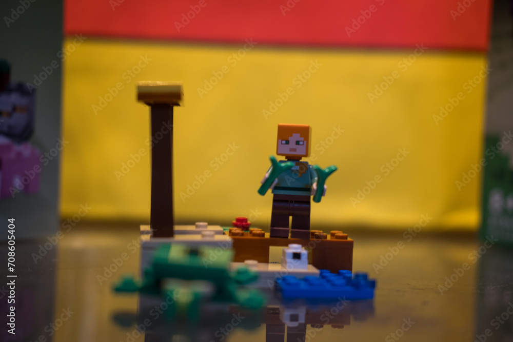 Obraz premium Bangkok, Thailand - January 13, 2024 : Minifigure characters of the game Minecraft from lego toy. LEGO is a Danish toy production company based