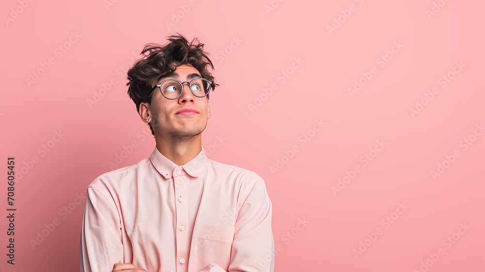 Intelligent looking person posing with an inquisitive and curious manner with free blank space to the left of the person in the photo, background is a plain color Intelligent looking person posing with an inquisitive and curious manner with free blank space to the left of the person in the photo, background is a plain color