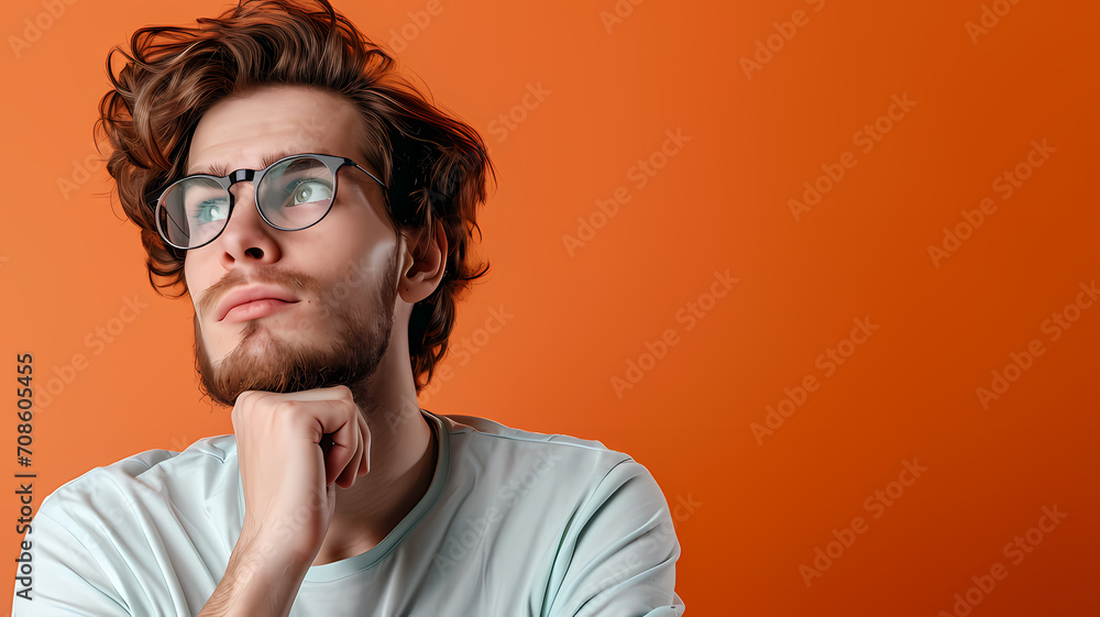 Intelligent looking person posing with an inquisitive and curious manner with free blank space to the left of the person in the photo, background is a plain color Intelligent looking person posing with an inquisitive and curious manner with free blank space to the left of the person in the photo, background is a plain color