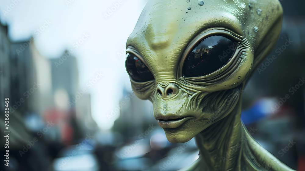Humanlike aliens with a green body color and large black eyes walking around a city in the united states, they are fitting in like ordinary people Humanlike aliens with a green body color and large black eyes walking around a city in the united states, they are fitting in like ordinary people