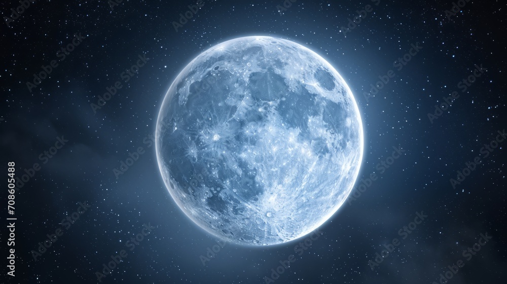 Blue Moon in Night Sky With Stars, Serene Beauty of Celestial Harmony