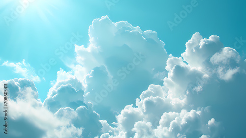 Angelic light white fluffy clouds with a blue sky background photo
