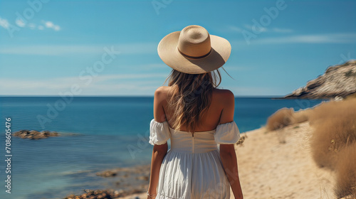 Young woman on summer beach vacation in stylish boho dress and hat watching to blue sea, back view of girl in straw hat and white dress walking on beach near ocean, copy space, Valentine day, 8 March