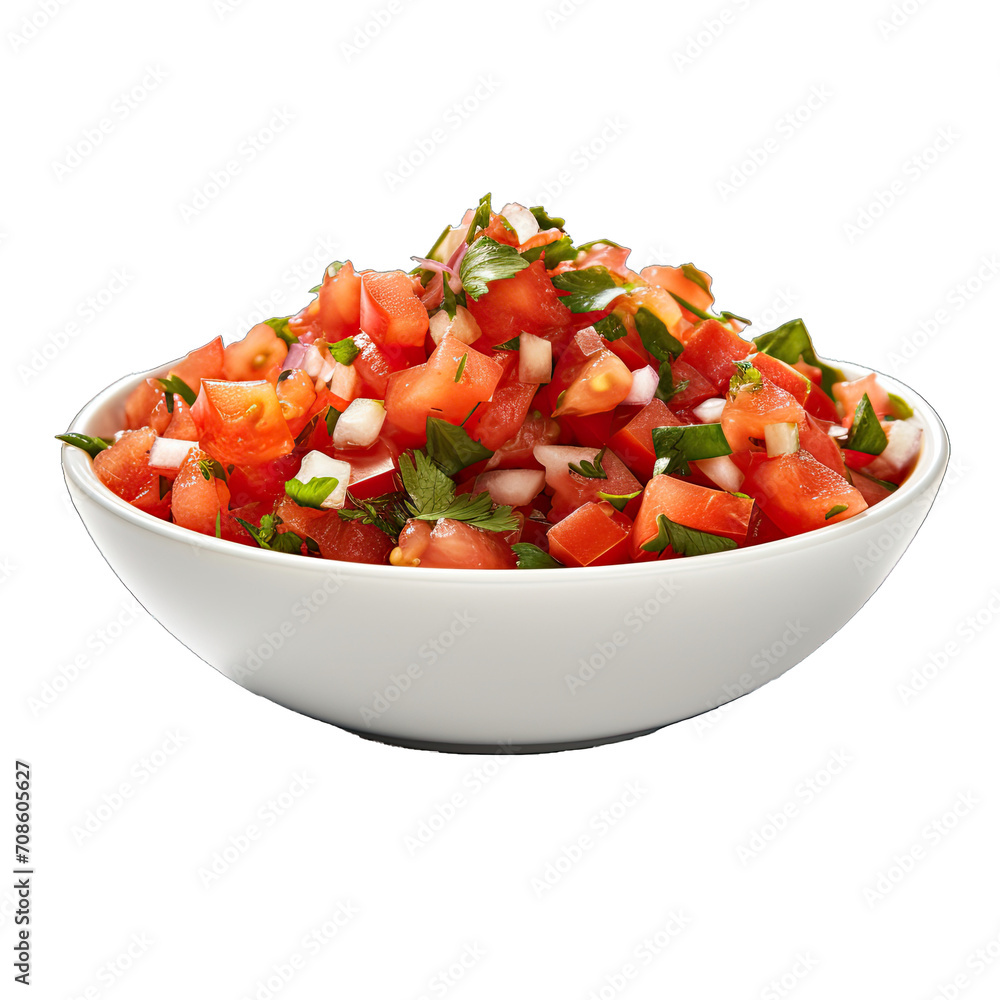A Bowl of Fresh and Chunky Salsa.. Isolated on a Transparent Background. Cutout PNG.