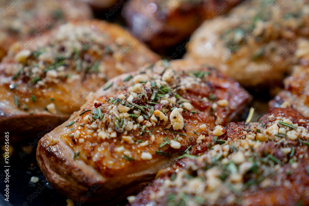 Tasty roasted duck breast pieces in restaurant with added spices and flavours close up Tasty roasted duck breast pieces in restaurant with added spices and flavours close up