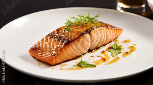 a perfectly grilled salmon fillet, its golden brown exterior and flaky texture showcased on a clean white plate, inviting a culinary journey.