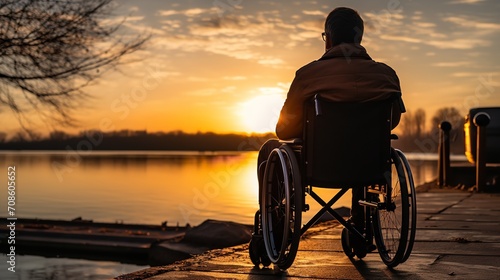 An elderly man in a wheelchair at dusk, Generative AI.