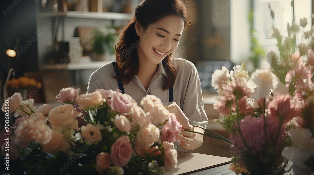 Florist's Delight in Blooming Arrangement, woman florist beams with joy as she artfully arranges a bouquet of blooming flowers, surrounded by nature's beauty - obrazy, fototapety, plakaty 