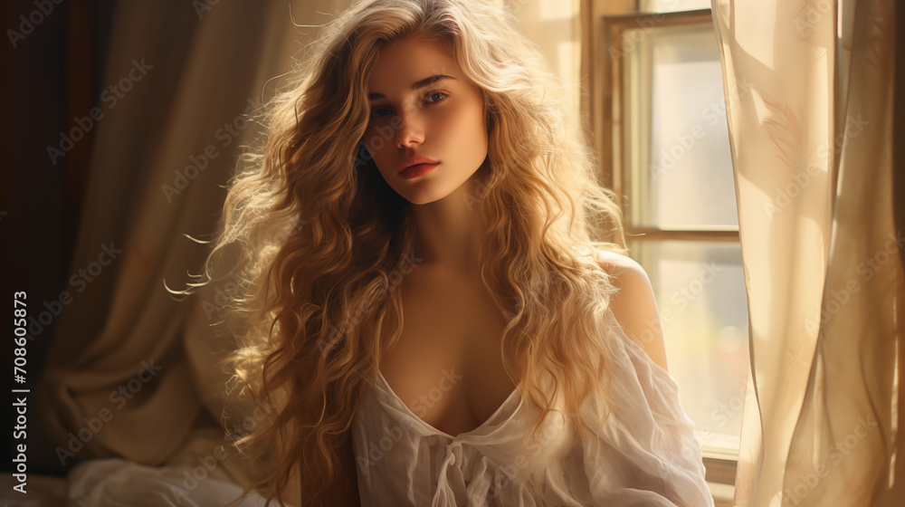 Fototapeta premium Attractive woman with makeup natural beauty. A young woman with long, curly blonde hair sits by a window with sheer curtains, basking in warm sunlight