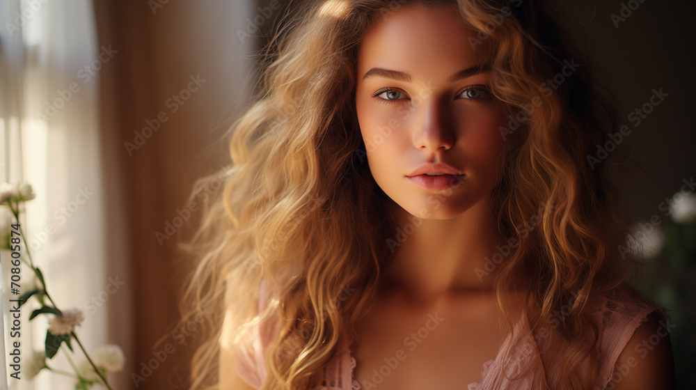 Attractive woman with makeup, natural beauty. Portrait of a young woman with golden curly hair and soft features, backlit by warm sunlight Attractive woman with makeup, natural beauty. Portrait of a young woman with golden curly hair and soft features, backlit by warm sunlight