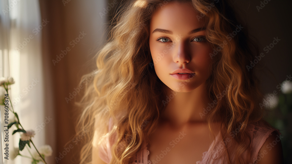 Attractive woman with makeup, natural beauty. Portrait of a young woman with golden curly hair and soft features, backlit by warm sunlight